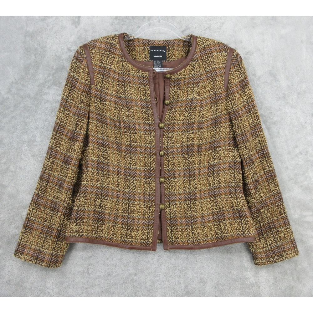 Doncaster Jacket Womens Size 8 Brown Wool Blend Leather Trim Tweed Herringbone